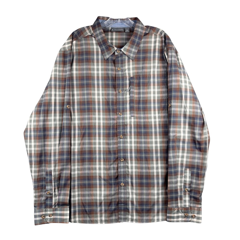 Free Country Mens XXL Plaid Long Sleeve Button Down Hiking Shirt Gray Orange